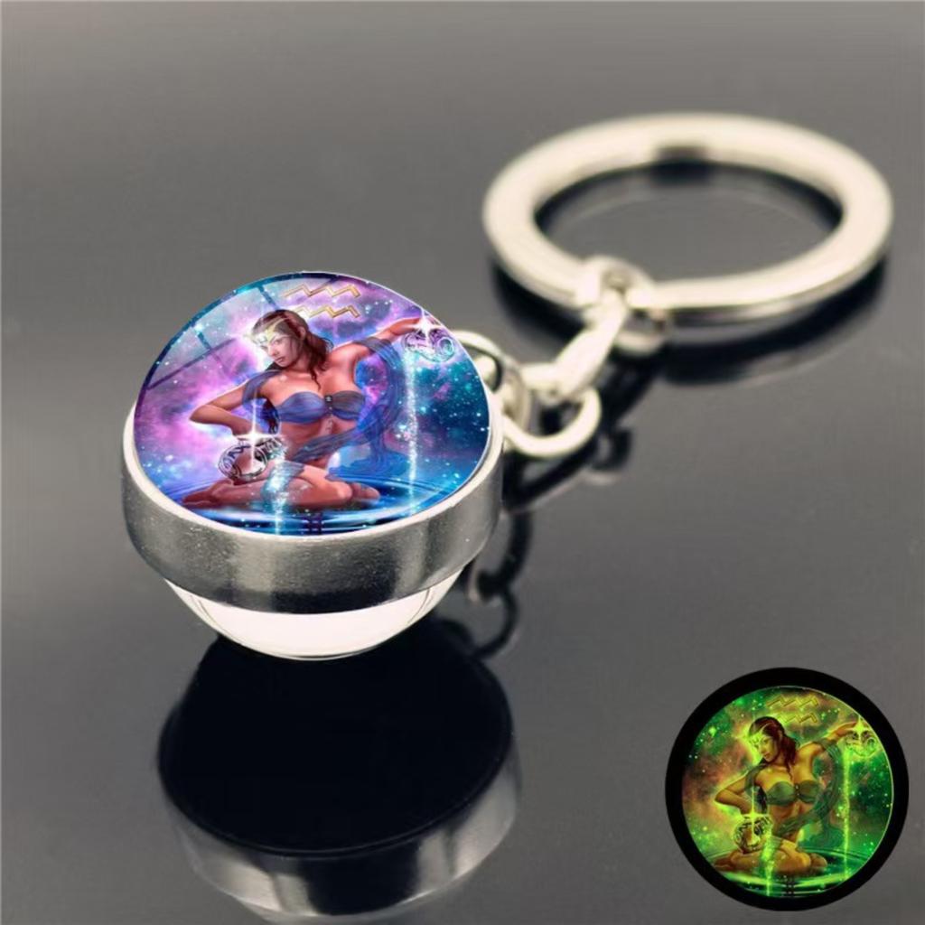 Schlüsselanhänger mit 12 Sternzeichen, im Dunkeln leuchtend, Taschenanhänger, Zeit-Edelstein, doppelseitiger Glaskugel-Schlüsselanhänger