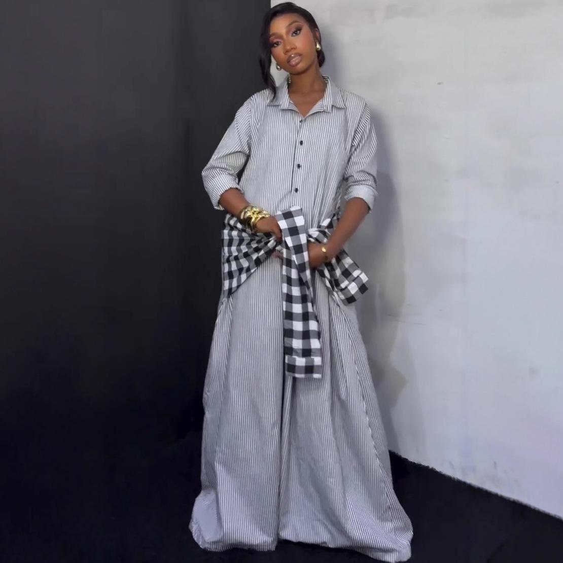 European and American women s clothing casual striped long-sleeved single-breasted dress women s African loose design bow long skirt S