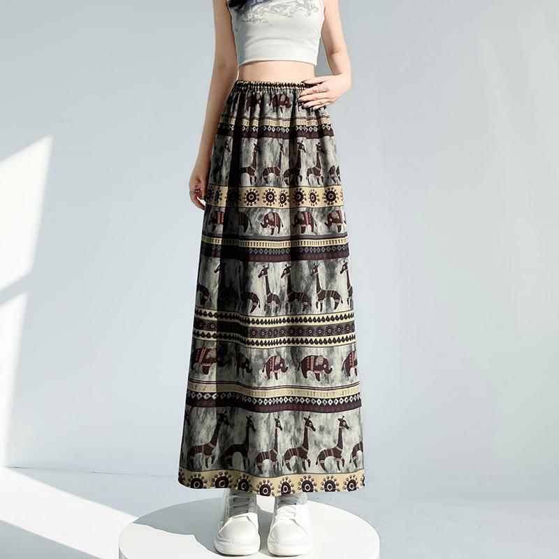 Summer Women Vintage Designer Print Animal Elastic Long Maxi Skirt For Lady