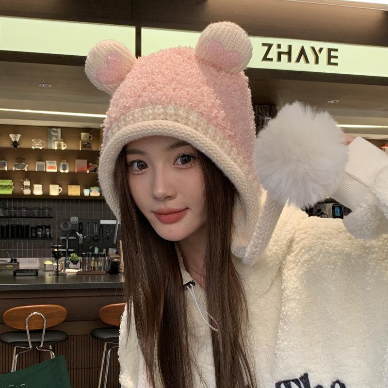 Cute Plush Hat Women's Autumn and Winter Colorful Fringed Braids Knitted Pullover Hat Ear Protector