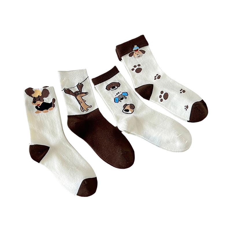 Calcetines de dibujos animados, Calcetines de media caña para mujer de otoño e invierno con bordes festoneados, Calcetines lindos Dui de perro salchicha, Calcetines largos marrones