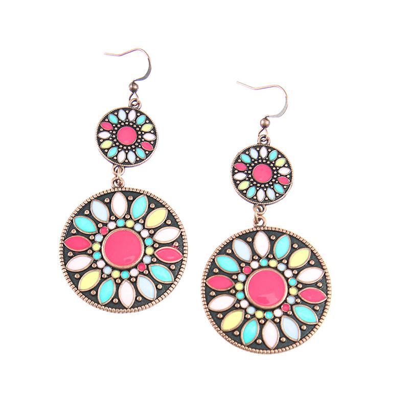 New Boho Ethnic Fashion Colorful Drop Oil Round Earrings For Women Sum Flower Enameled Distinctive Sweet Vacation Jewelry Gift
