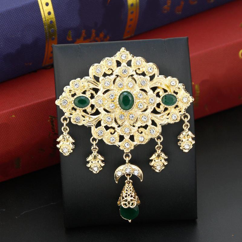 Scratch Resistant Crystal Women Brooch Gold Tone Morocco Jewelry for Arabic Hijab Silk Scarf Long Lasting Shine