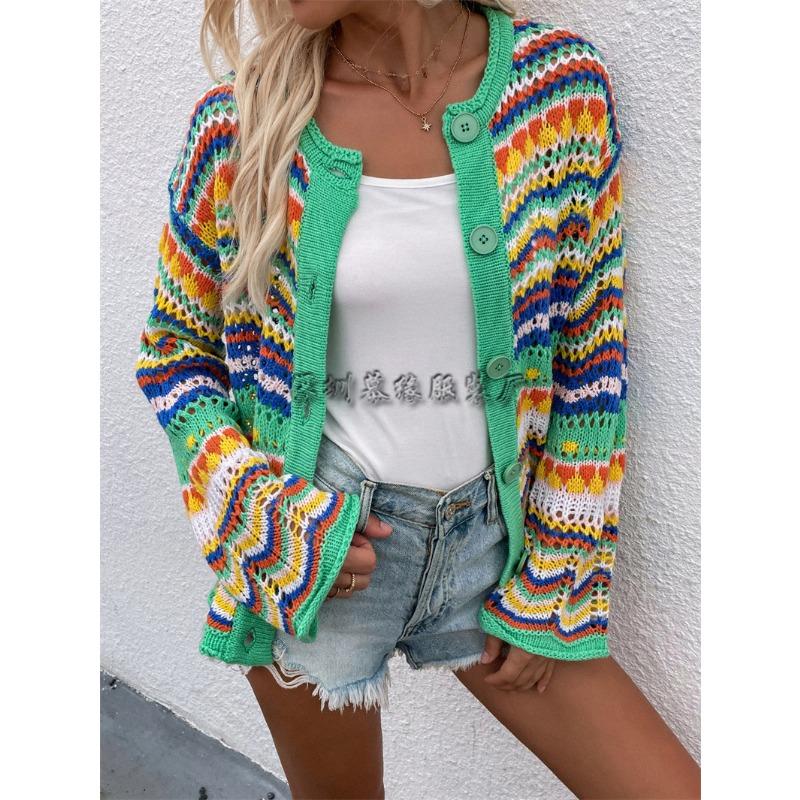 Damrandig tröja lös regnbågsstickad kofta