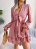 V Neck Solid Color Dress Waist Hugging  Elegant Fungus Dress for Women Long Sleeve Loose Dresses Causal Dress