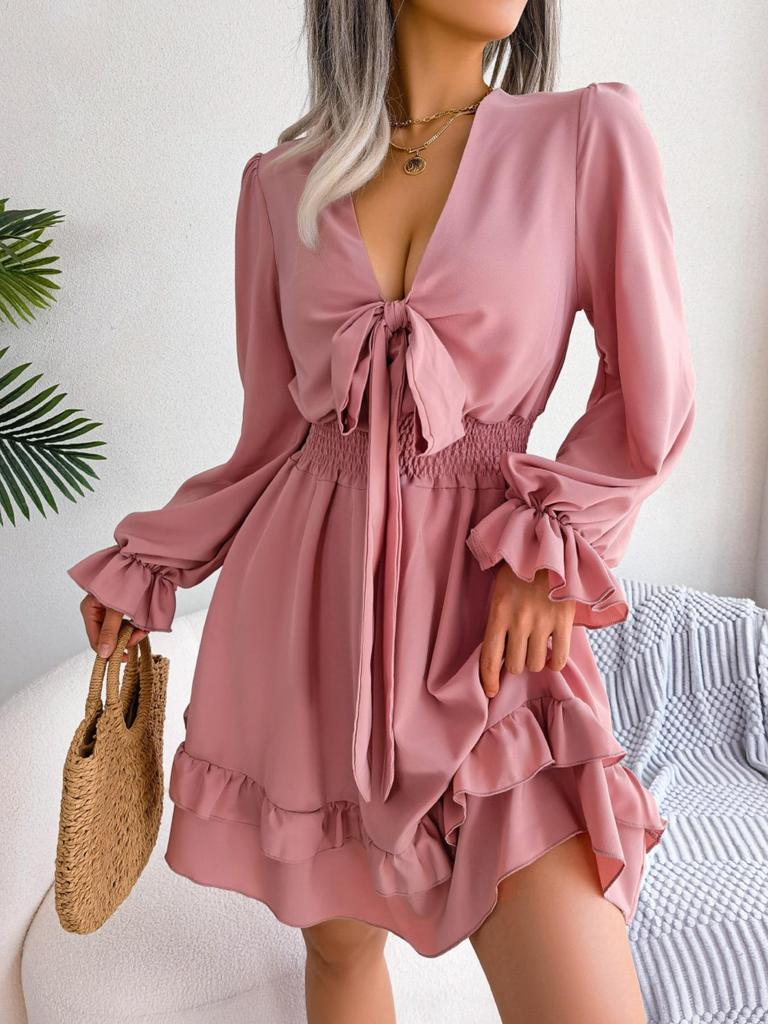 V Neck Solid Color Dress Waist Hugging  Elegant Fungus Dress for Women Long Sleeve Loose Dresses Causal Dress