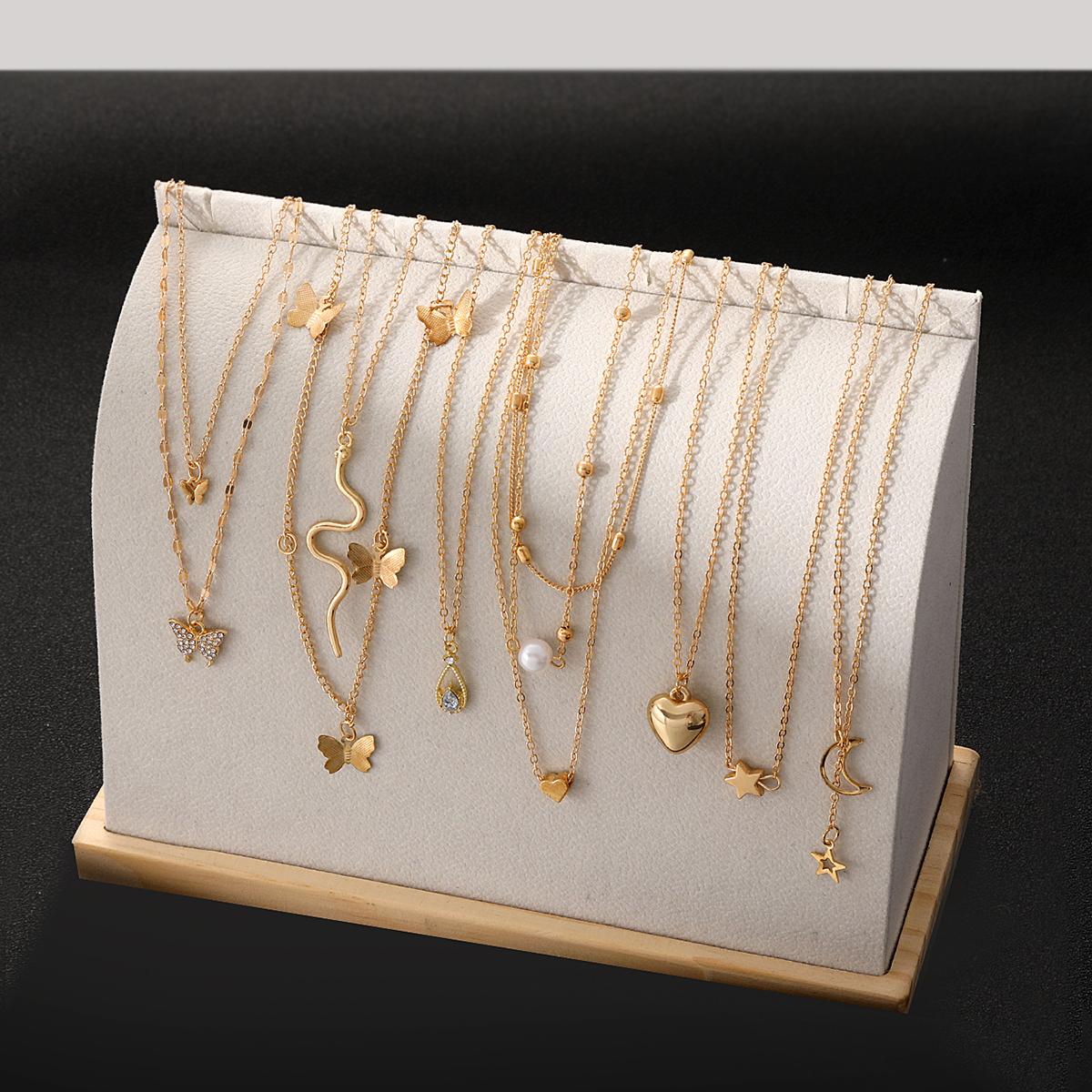 

9Pcs/Set Fashion Multi-layered Gold Color Necklaces for Women Zircon Pearl Heart Butterfly Star Moon Snake Pendant Necklaces Set
