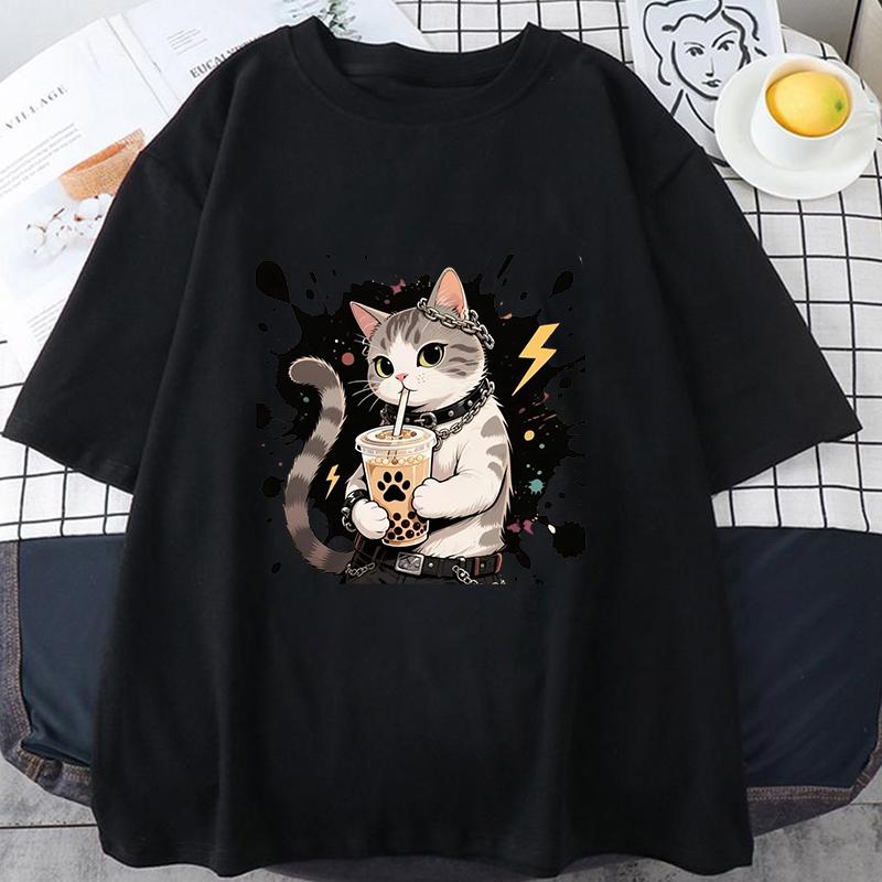 T-shirt Mens Women Summer Drag Cool Kitten Print T-shirt American Student Short-sleeved Top Loose T-shirts
