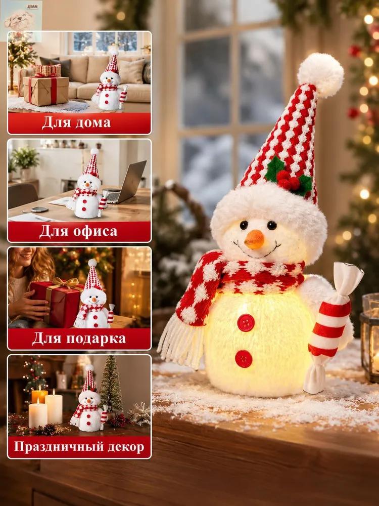 LED Christmas Snowman Decoration – 33cm Red & White Plush Light-Up Ornament, Long Hat & Top Hat Styles,