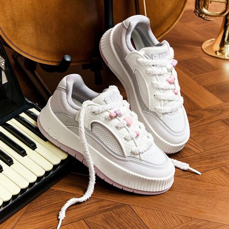 Anta Mousse Thick Sole Versatile Wear Resistant Breathable Low Top Skate Shoes Women Sneaker White Pink 122548035-1