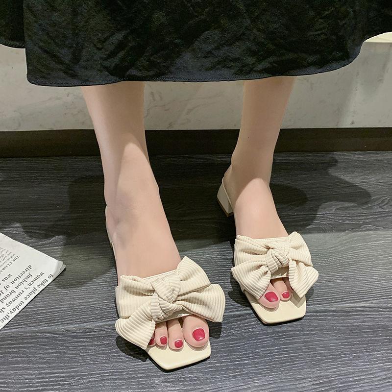 

New summer Internet celebrity thick heel cool slippers open toe wear medium heel bow shoe holder fashion trendy drag women s shoes 35
