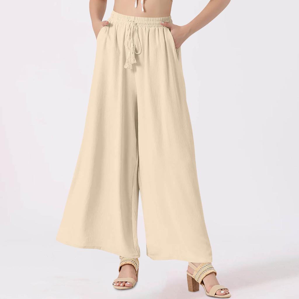 Damenhose mit weitem Bein, einfarbig, fließend, Boho-Stil, mit Kordelzug und hoher Taille