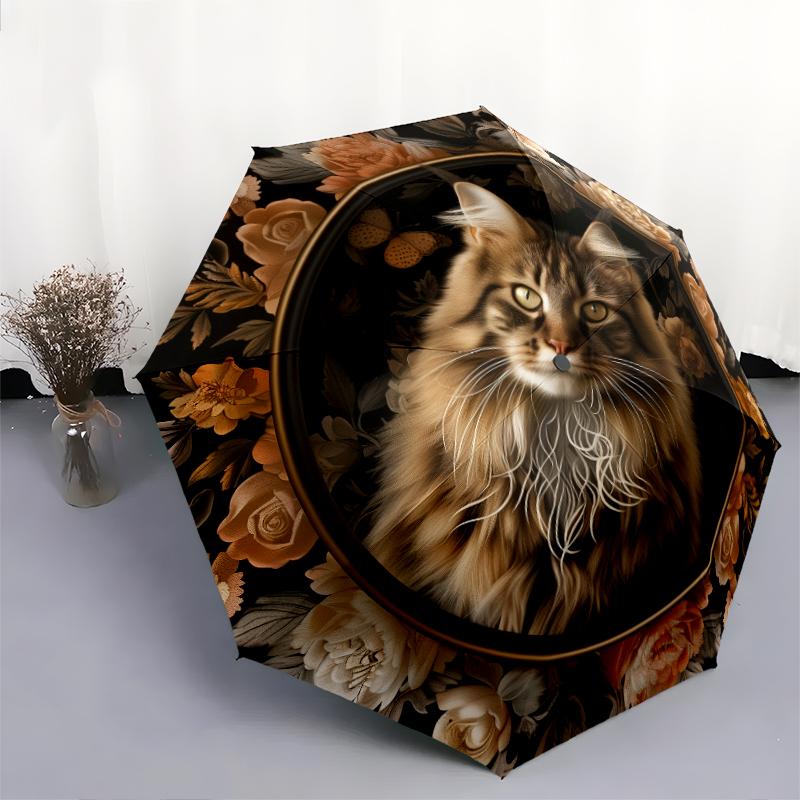 Cats and Flowers pattern, automatic folding umbrella, portable and foldable design, 8 ribs, a Christmas or birthday gift.