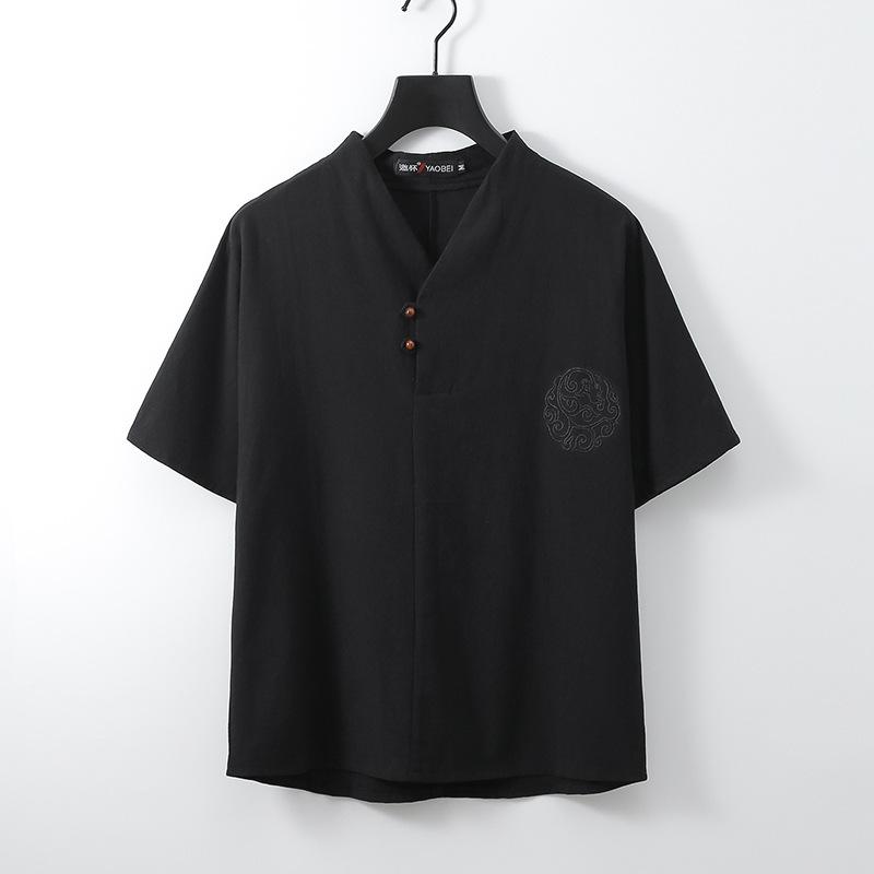 

Men s Summer Chinese Style Plate Buckle Short-sleeved T-shirt Plus Size Chinese Retro Cotton Linen V-neck Tops 9XL чорний