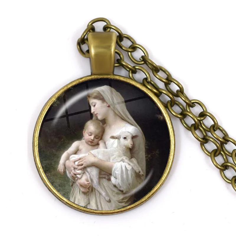 Virgin Mary and Baby Jesus Christian Catholicism Jewelry Necklace Blessed Mother Religious Art Glass Cabochon Dome Pendant Gift