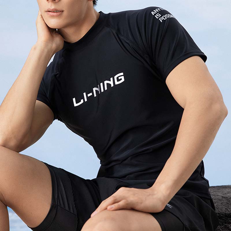 Li Ning Logo Letter Print Round Neck Straight Cut Short Sleeve T-Shirt Men Tops Black LSLR225-1