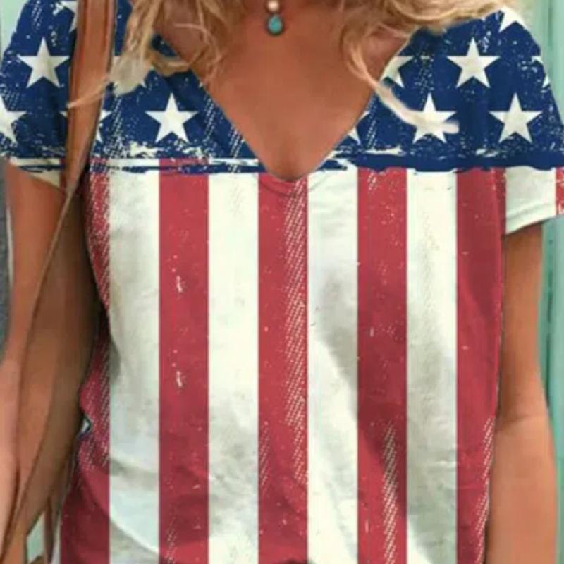 2022 Женские футболки с принтом американского флага и V-образным вырезом Одежда Женские — фото 8
