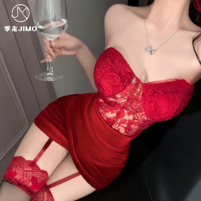 Sex Lingerie End-of-season Golden Velvet Sexy Splicing Lace Waist Tube Top Skirt Pure Desire Dress