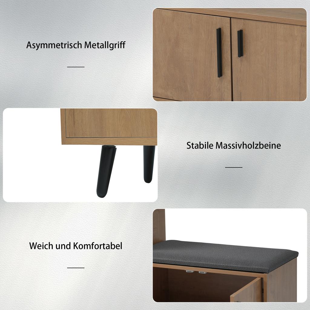 Modern Shoe Bench with Wood Grain, Shoe Cabinet, Four Storage Doors, Asymmetrical Metal Handles, W120/D34/H82.8 CM (OLD SKU: N657P242917N)