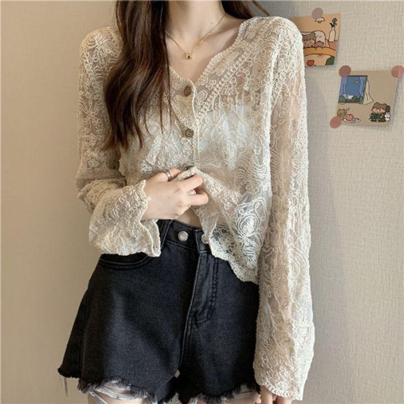 

K-style Spring/Summer New Arrival V-neck Single Breasted White See-through Super Fairy Sun Protection Clothing Thin Blouse Lace Shirt Shawl for Women Apricot Free size