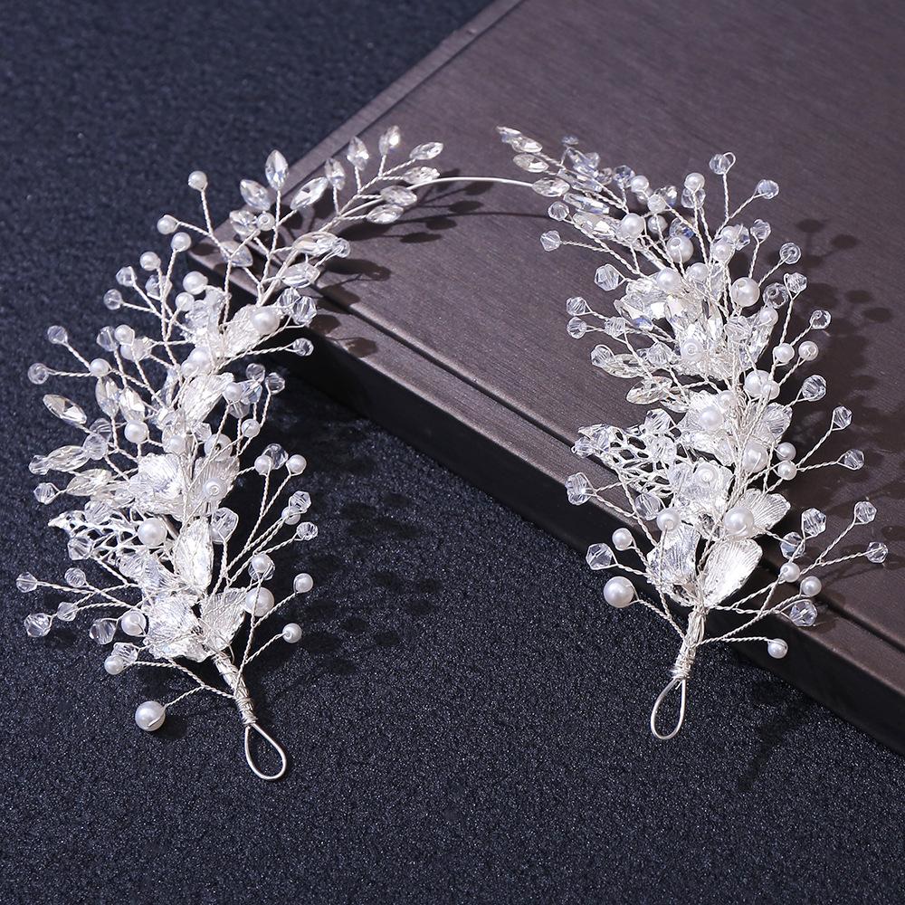 Silver Alloy Leaf Handmade Pearl Hairpin, Bridal Branch Crystal Headband