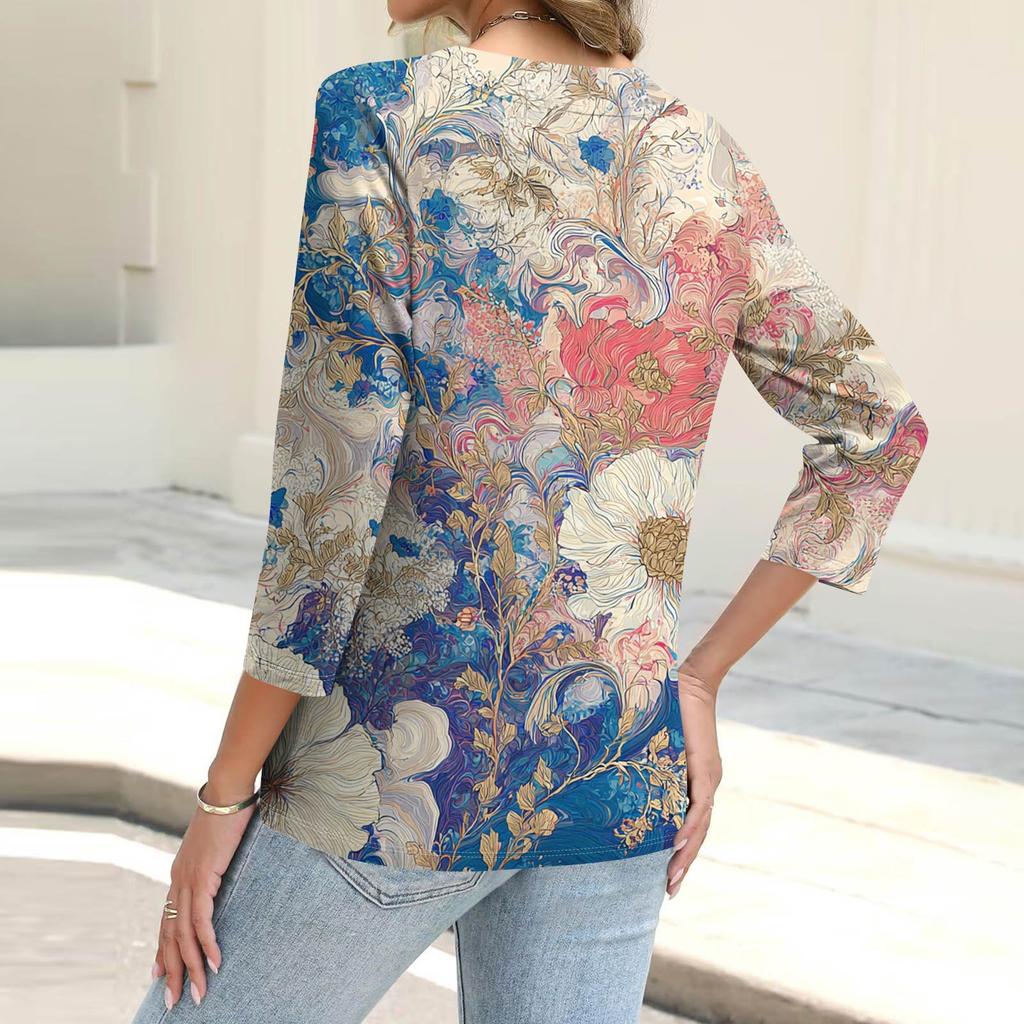 Women's Fashion Casual Print Button-down Shirt 3/4 Long Sleeve Tops