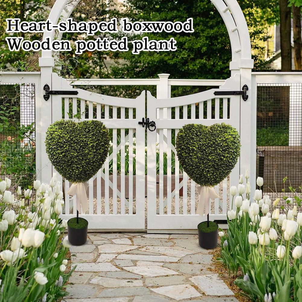 Valentine's Day Artificial Heart-Shaped Trees With Bow,Faux Plant For Valentinesday Garden Porch Decor 75cm Boxwood Potted Plant
