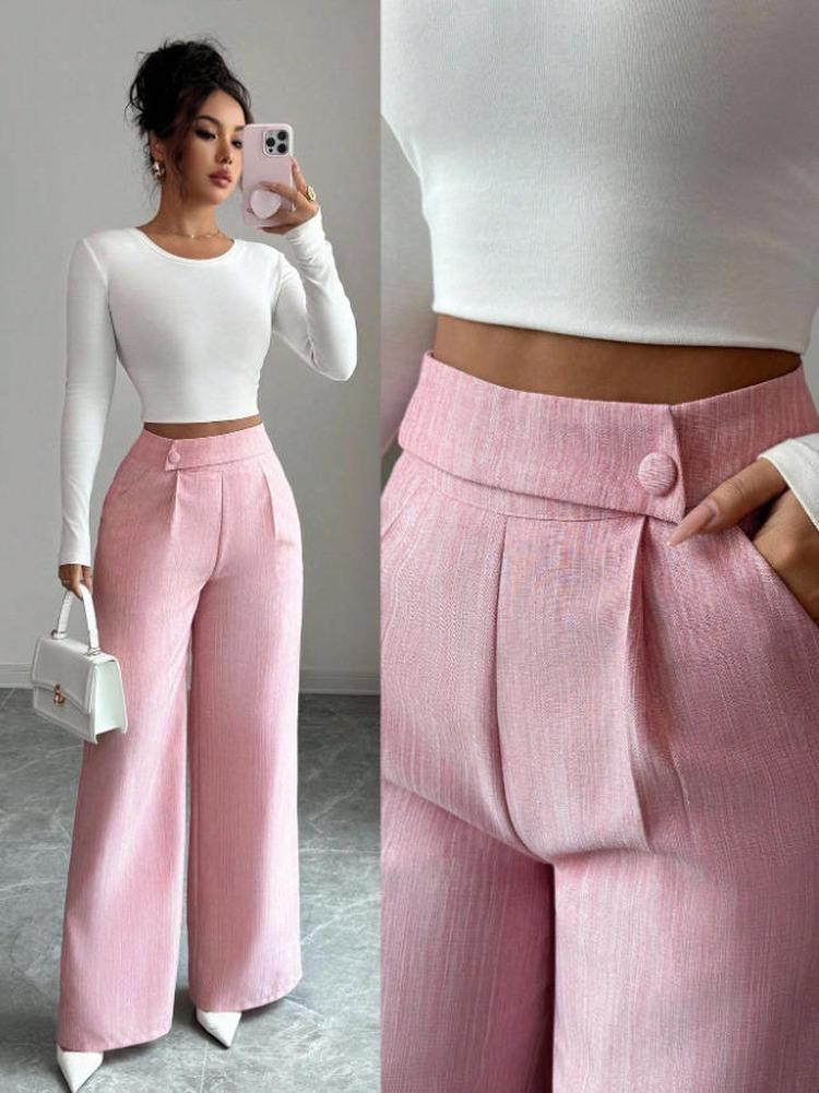 2026 Spring Autumn Wide Leg Pants Spliced Button Decor High Waist Casual Loose Long Pants for Women Solid Color Office Simple Elegant Trousers