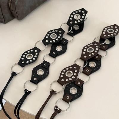 Amerykański Retro Nitowana Metalowa Klamra Pasek Damski Splicowany Pasek Millennial Spicy Girl Y2K Design Sense Pasek Lina Talii