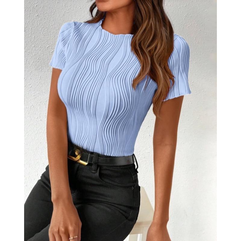 Summer Round Neck Slim Fit Short Sleeved T-shirt Elegant Simple Top Fashion Street Wear Casual Solid Color Blouse Pleated Office Shirts Tees