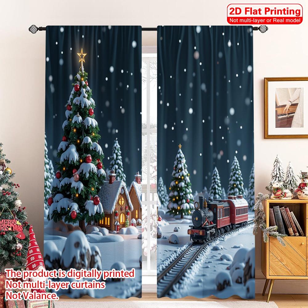 

2pcs 2D flat printing Merry Christmas Popular Drapes Christmas Village Train Scene Fabric Without Electricity Holiday 52.50×116.00 CM 2pcs