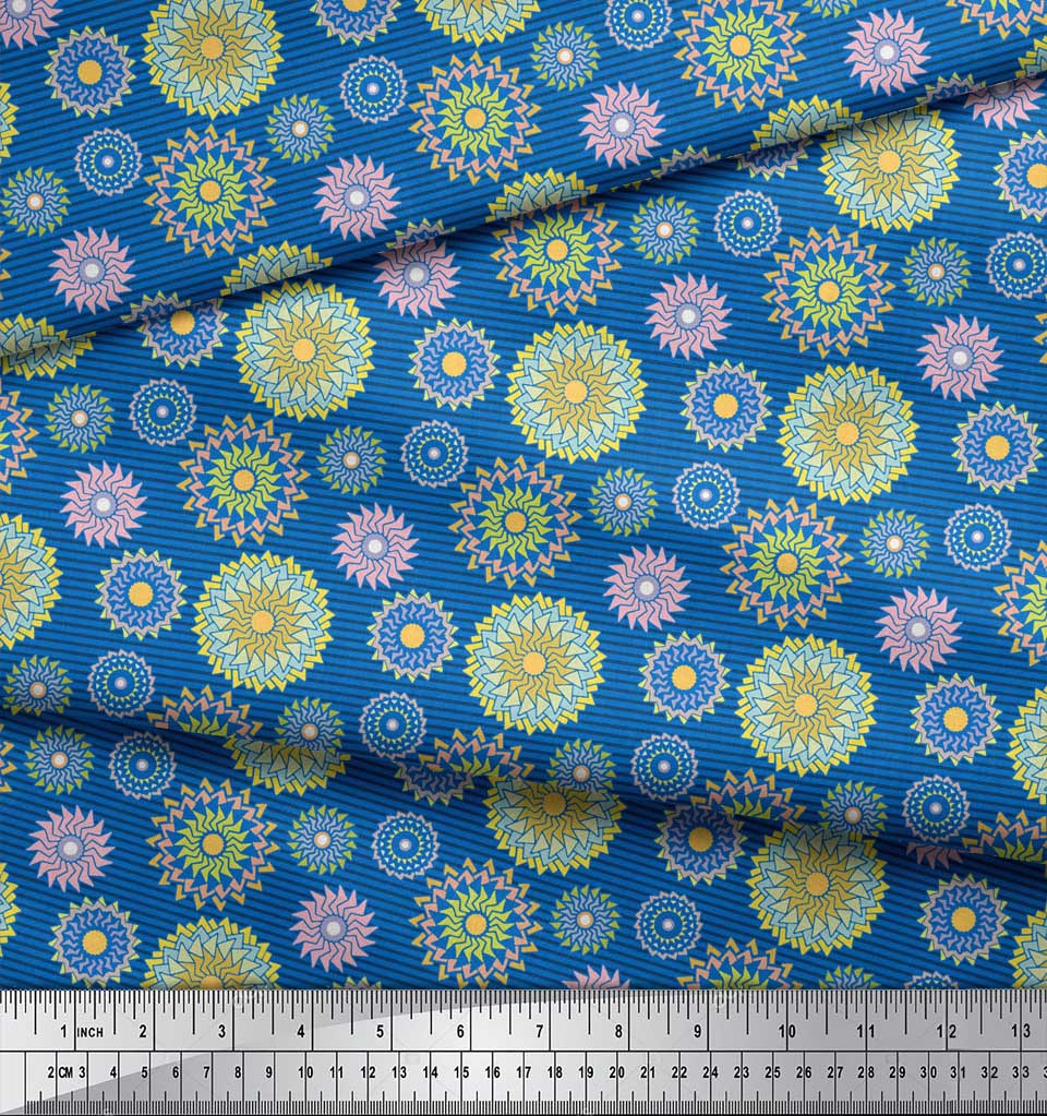 Soimoi Blue Japan Crepe Satin Fabric Stripe & Mandala Print Fabric by the Metre 42 Inch