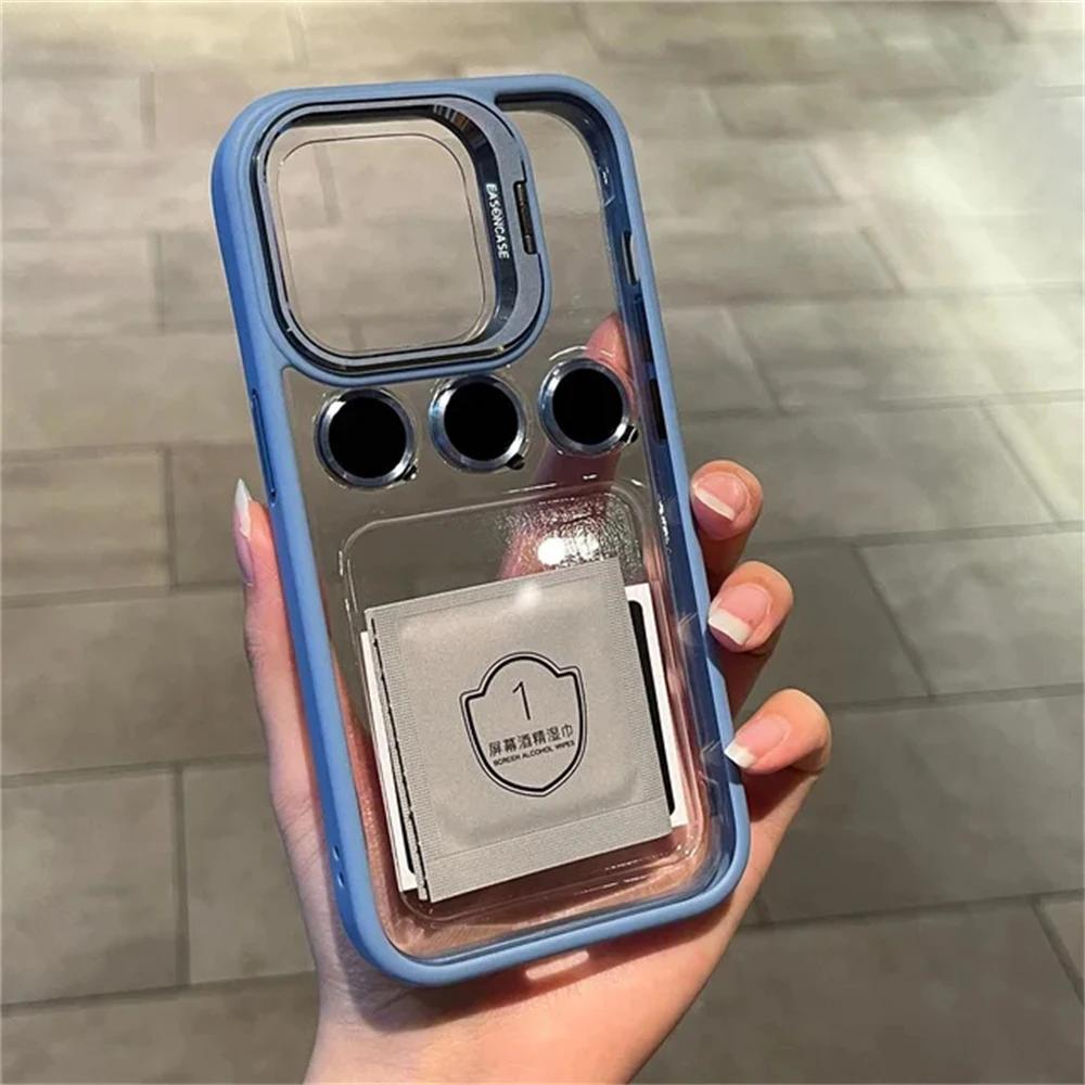 Transparent Shockproof Lens Protector Stand Case for iPhone 11-15, Camera Glass Protection, Metal Ring
