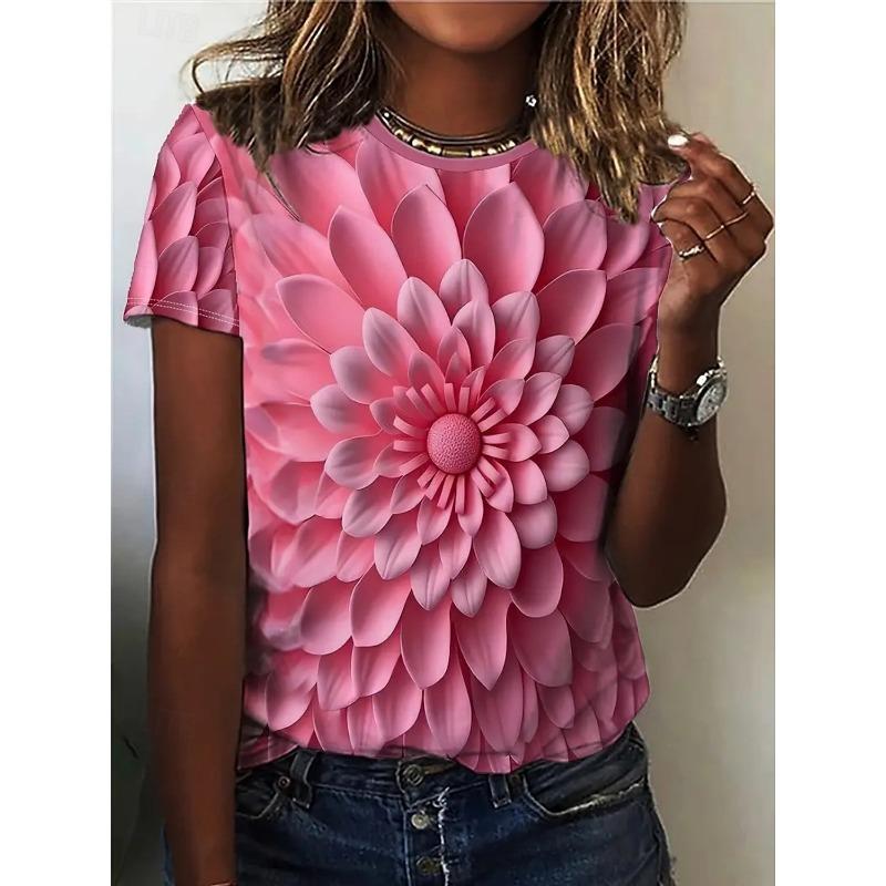 Summer Fashion Women's T-Shirt Beautiful Butterfly Flowers Stylish Printed Casual Short Sleeved Crew Neck Tees Regular Tops