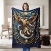 Mythological angel battling dragon fleece blanket, perfect for sofa, bed, office. Ideal gift for family, friends, holida