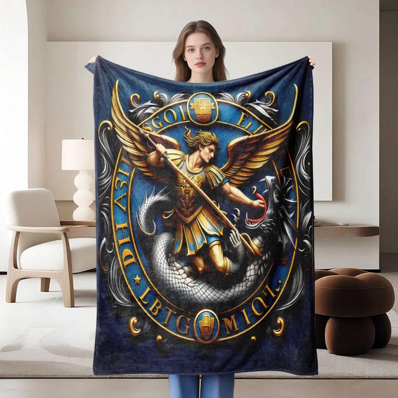 Mythological angel battling dragon fleece blanket, perfect for sofa, bed, office. Ideal gift for family, friends, holida