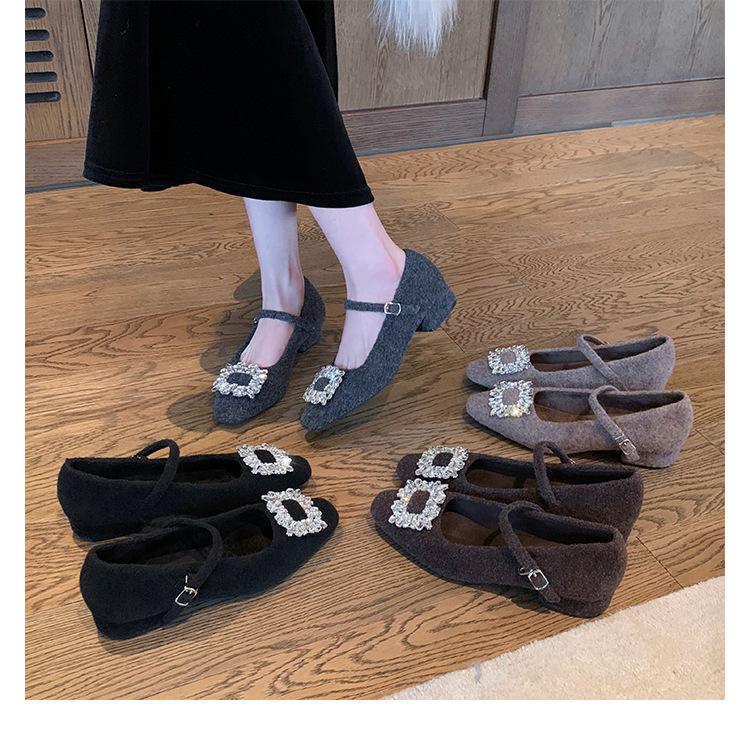 Grape Mother of the Same Style~ Diamond Buckle Small Square Head Velvet with Warm Woolen Thick Heel Mary Jane Single Shoes Women