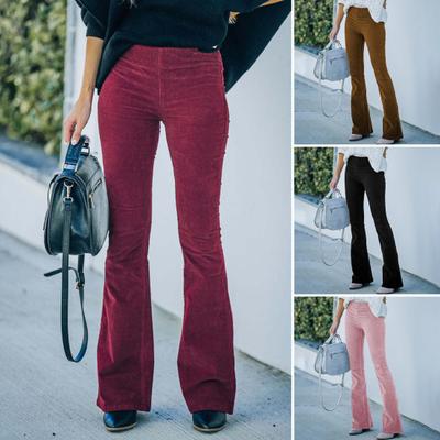 Women Flared Pants Elastic High Waist Solid Color Casual Trousers with Pockets Autumn Winter Long Pants