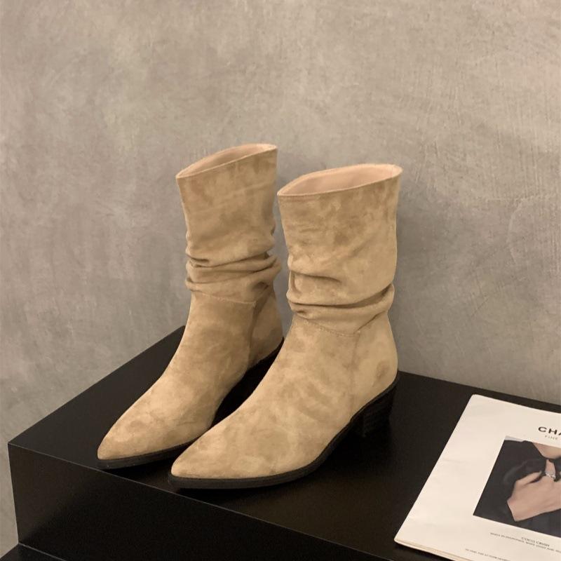 

Туфли-лодочки на высоком каблуке, замшевые, цвета хаки, тонкие, французские, короткие ботильоны, женская обувь 2025, новые ботильоны на наборном каблуке, весенне-осенние одинарные ботильоны 40 абрикосовый