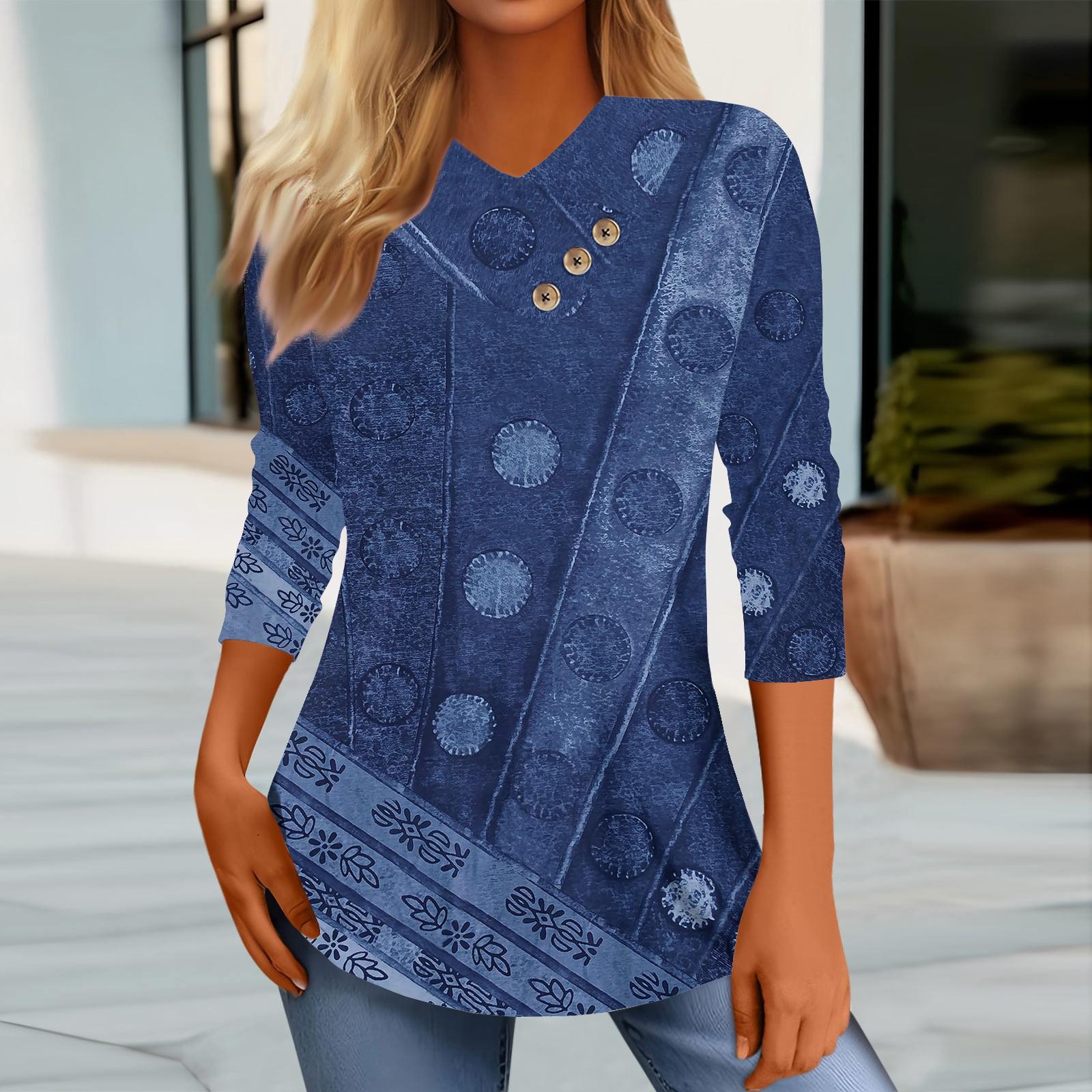 

Женские топы, повседневные рубашки с пуговицами и рукавами 3/4, модные лоскутные блузки с принтом, футболки XXL темно-синий