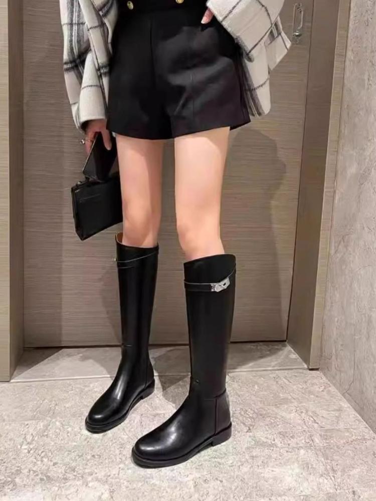 Elegant with Low Heels Black Leather Round Toe Women's Long Boots Autumn Winter Comfortable Goth Ladies Knee High Shaft Shoes