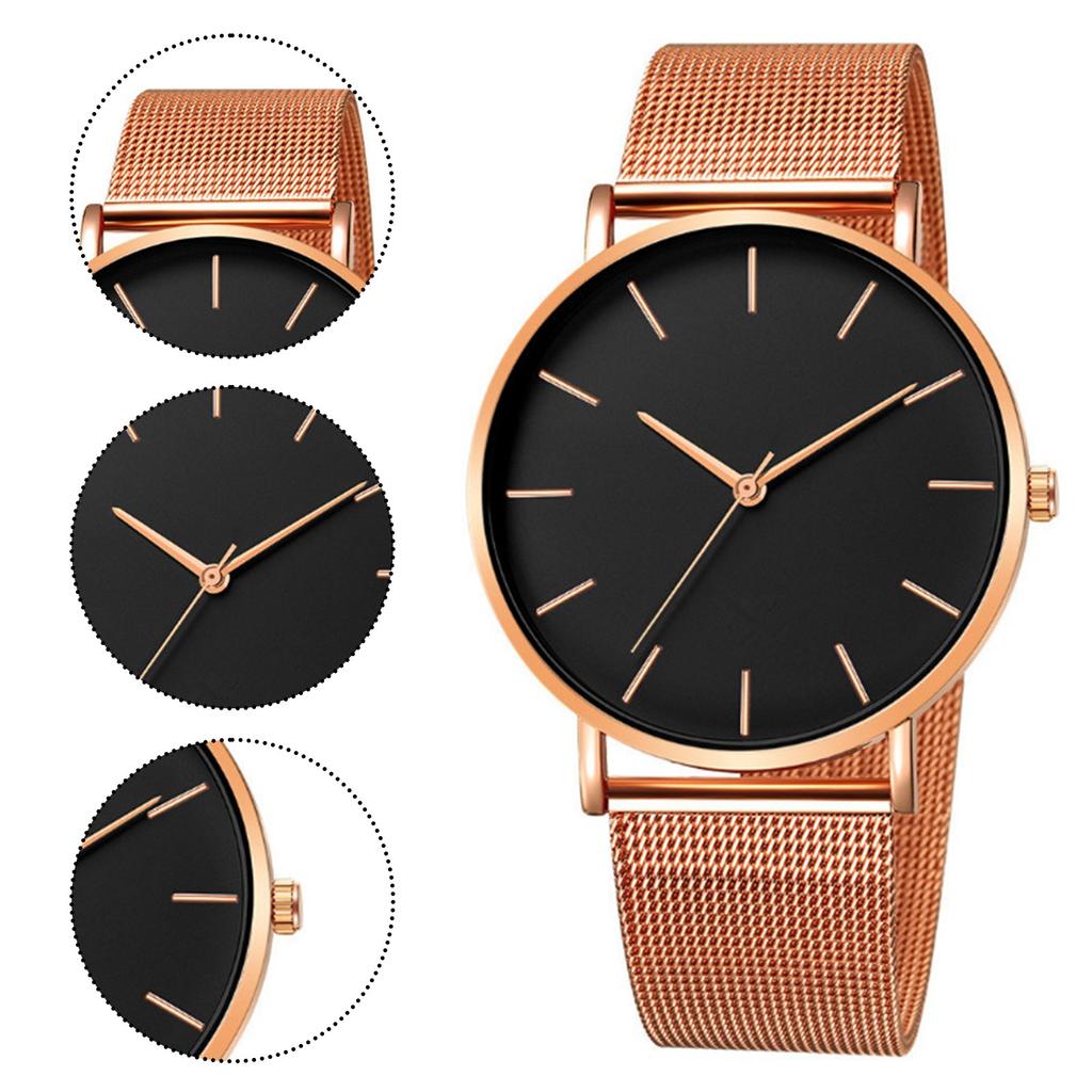 Trendy Minimalist Men’s Watch Modern Black Mesh Band Quartz Watch Chic Gold Accent Matte Black Face Slim Round Case Wristwatch