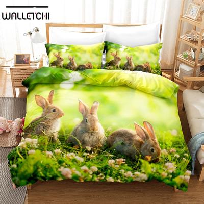 Parure de lit imprimée en 3D avec housse de couette et taie d'oreiller Motif lapin de Pâques Double SIngle King