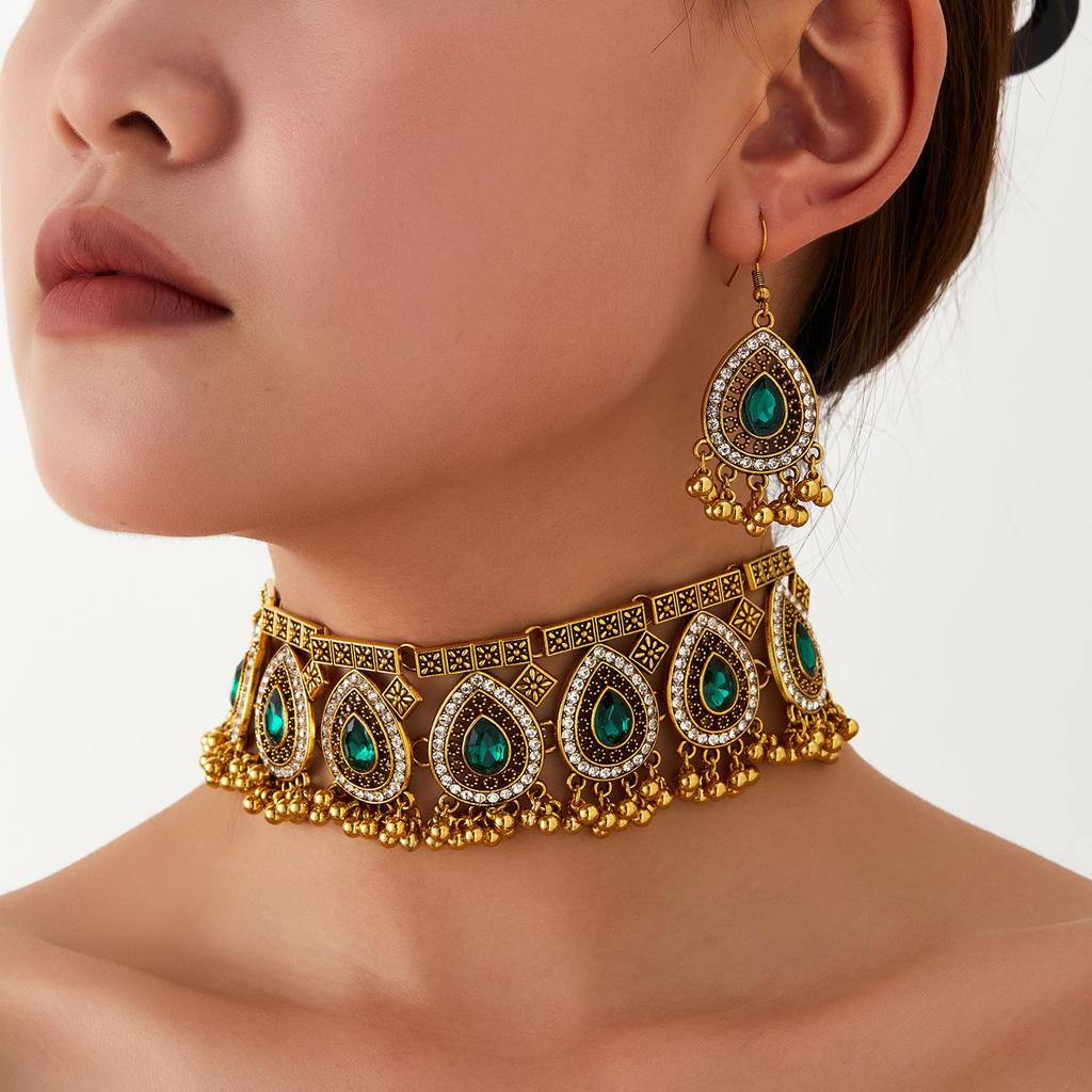 Bohemian Indian Style Rhinestone Tassel Necklace & Earrings Set for Women