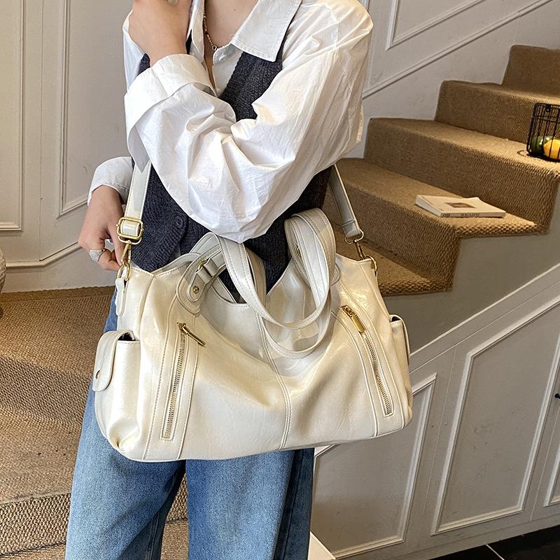 Vintage Versatile Large Capacity Tote Bag, Women's Multi Pocket Motorcycle Bag, Single Shoulder Crossbody Bag
