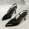 Patent leather temperament high heels French pointed toe rear empty new one-word wrapped head sandals