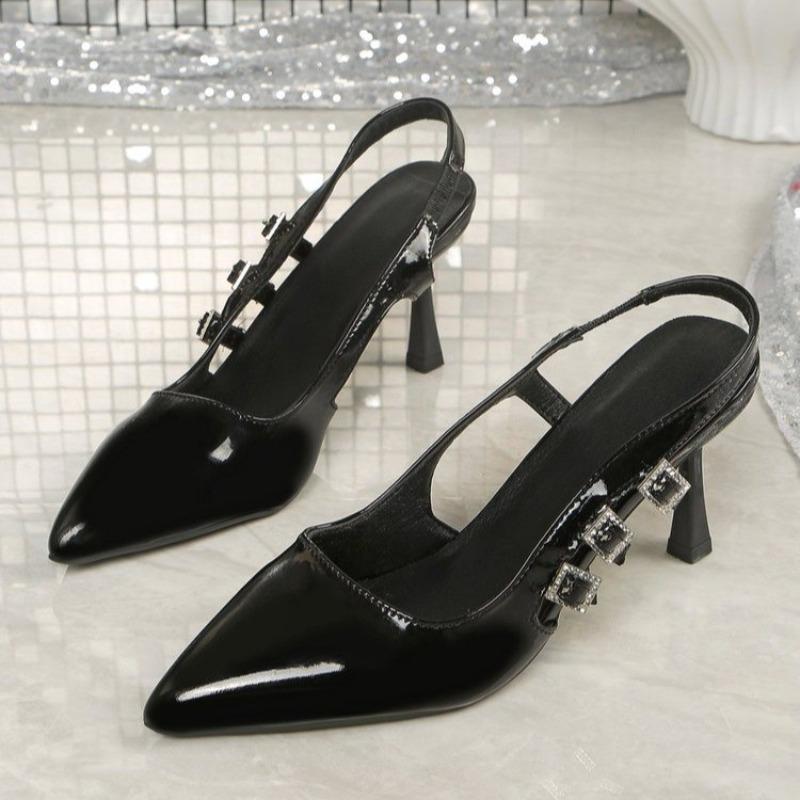 Patent leather temperament high heels French pointed toe rear empty new one-word wrapped head sandals