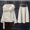 Damen 2025 Herbst/Winter Zweiteiliges Set mit Fellfutter: PU-Lederjacke mit großem Pelzkragen + Rock