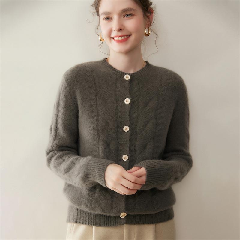 Women's Cable Knit Cashmere Cardigan - Thick, Round Neck, Single-Breasted, Slimming Fit for Autumn/Winter