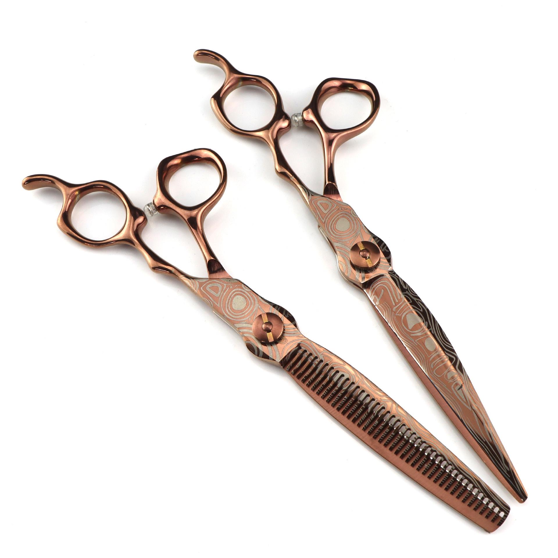 Bronze Gold 7.0 Damascus Steel Hairdressing & Thinning Scissors Flat scissors